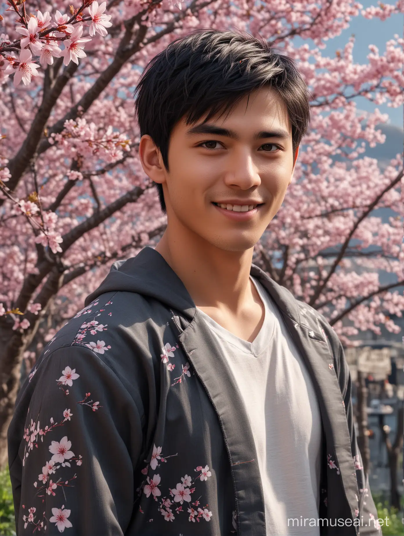Handsome Young Man Smiling Under Sakura Blossoms in HDR Photography