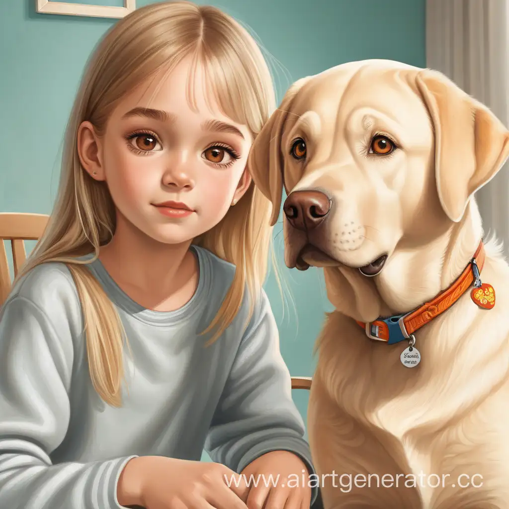 A poster with a shorter, medium-length girl with brown eyes named Nastya. And next to her sits a blond Labrador named Lucky