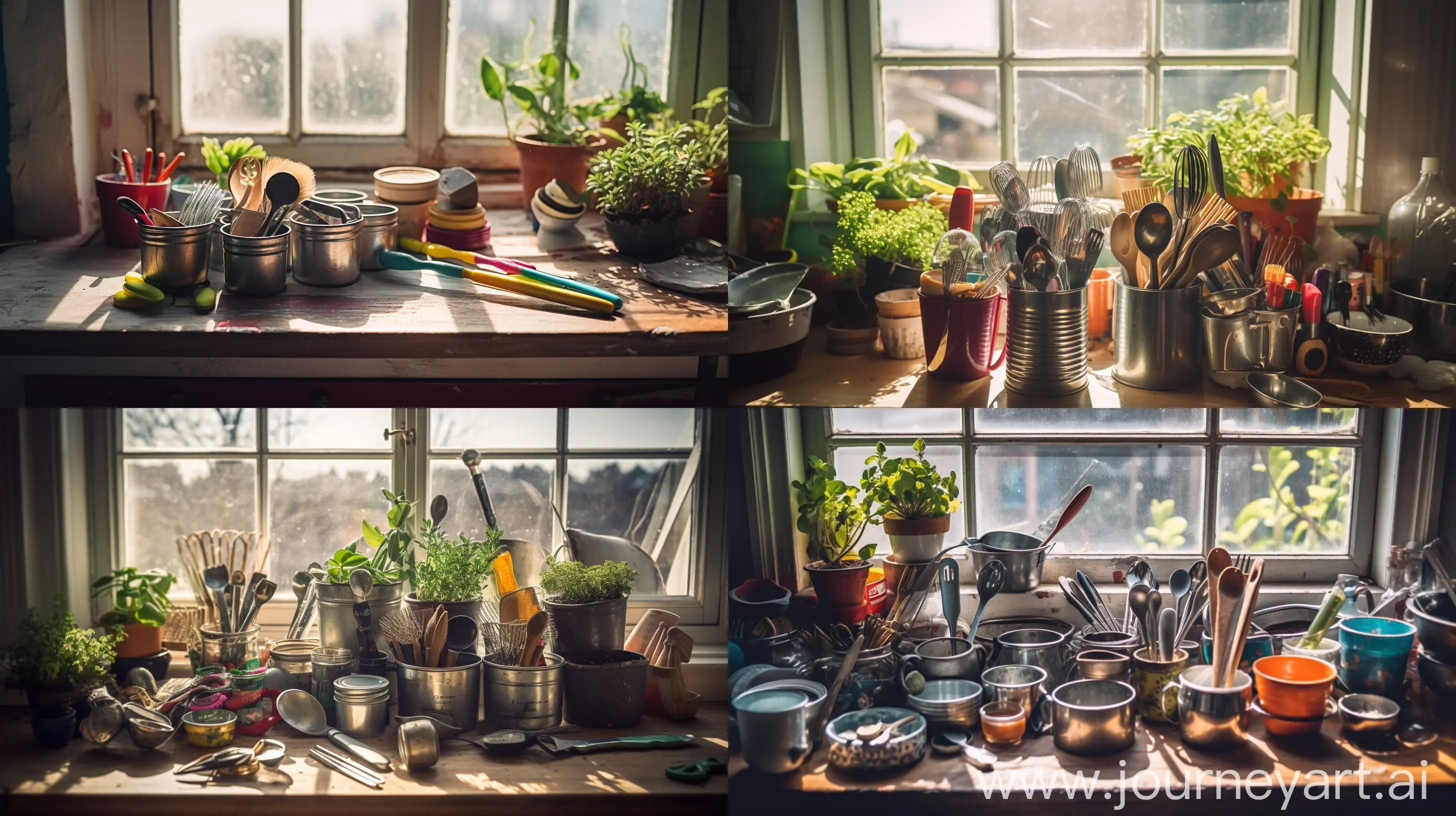 Creative ways to upcycle kitchen items, turning old utensils into vibrant plant pots, each utensil uniquely repurposed, arranged on a sunlit windowsill, showcasing the diversity of transformed items, Photography, DSLR with a 50mm prime lens, natural light, --ar 16:9 --v 5