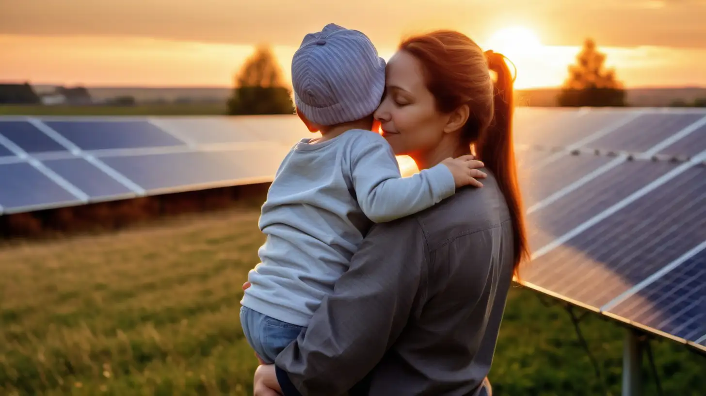 Mum holding child. Grandfather very near  with arms around each other, back view, angled, looking at solar panels in field, sun setting but image bright, close up, obvious appreciation of environment

