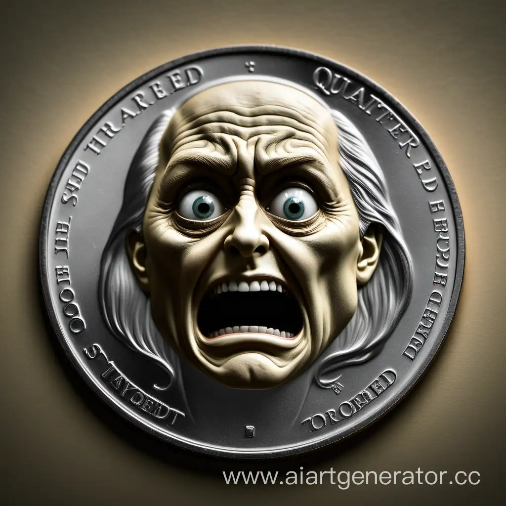 Quarter shaped morphed scared face inside coin 

