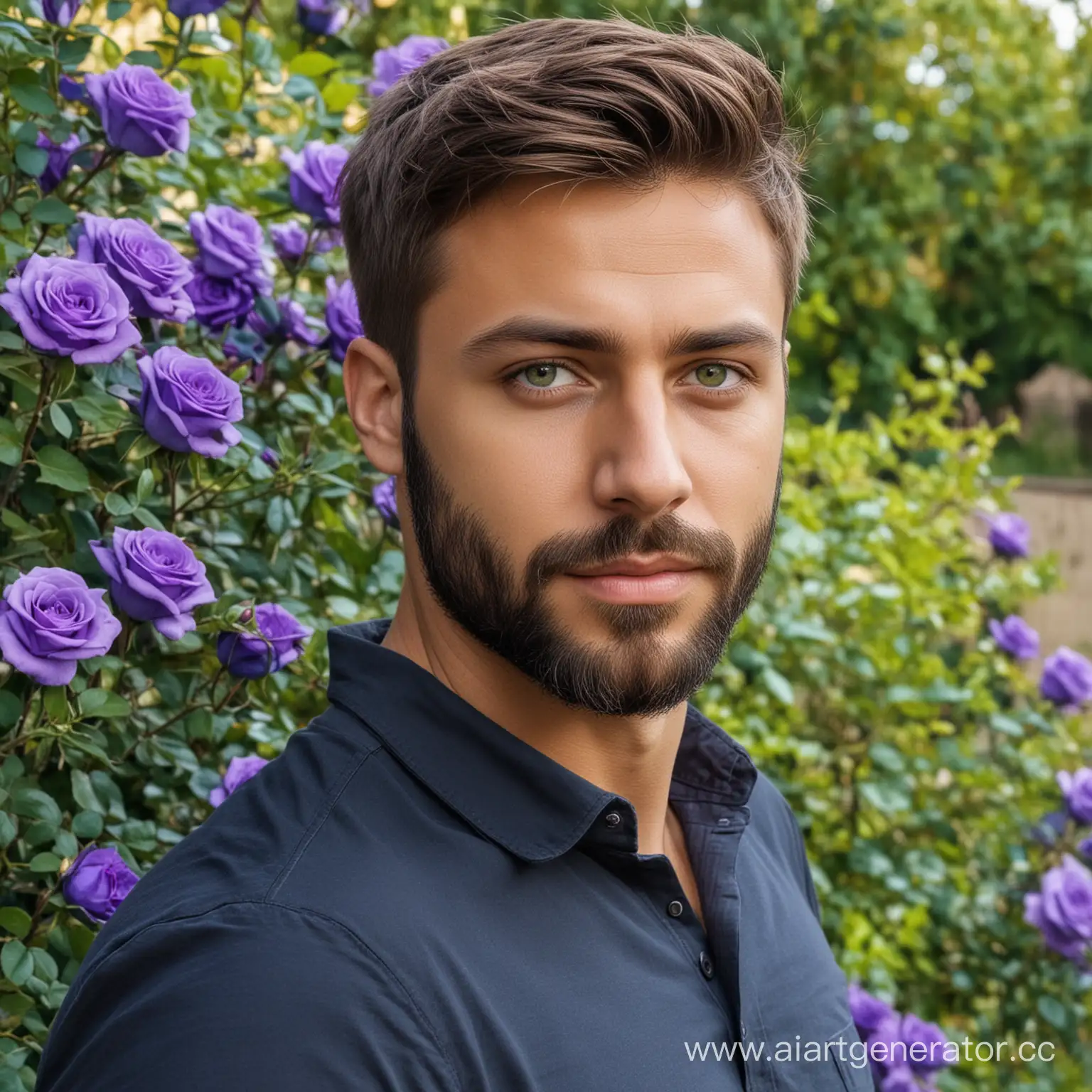 молодой мужчина с стрижкой и бородой, возраст 30 лет, светлые волосы, зеленые глаза, смуглый, в саду, синие розы, фиолетовые розы, черные розы