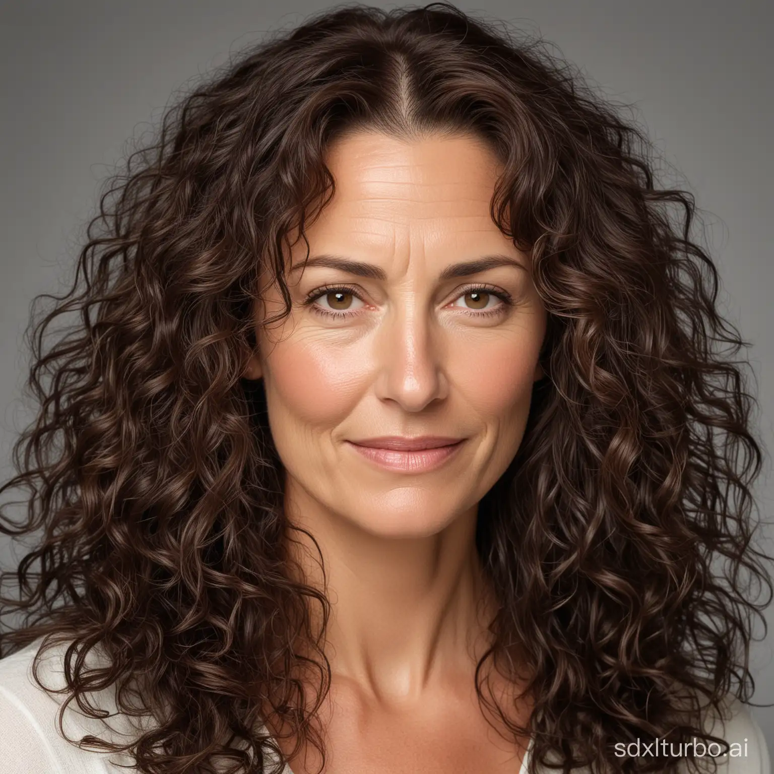 A woman around 50 years old with very long, curly, dark brown hair, with wrinkles on her face, and finally resembling Andi MacDowell.