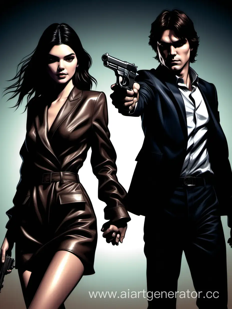 Кендалл дженнер и Деймон Сальваторе держатся за руки, отстреливаются из пистолета, в стиле комиксов манара, тени, разрешение 4k
