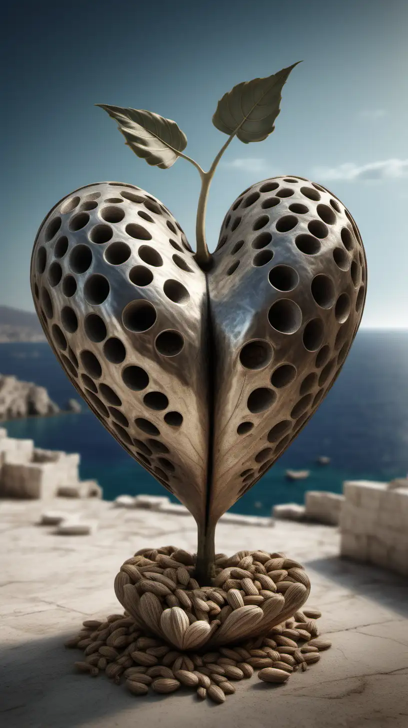 An artistic interpretation of the ancient silphium plant seed pod, styled to highlight its resemblance to the traditional heart shape. The image should evoke an ancient world feel, with a backdrop of the Mediterranean coast, hinting at the plant's importance in ancient Libyan culture. hyper realistic