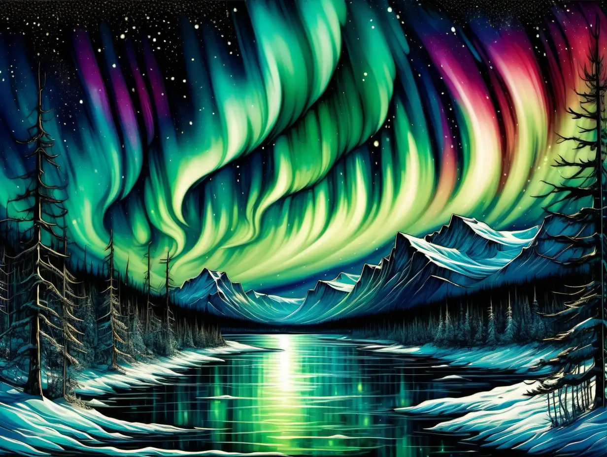 Create a visually stunning AI-generated artwork showcasing the enchanting beauty of the Aurora Borealis, artfully crafted to emulate the unique textures and hues of alcohol inks. Ensure the composition captures the captivating interplay of colors and light associated with the Northern Lights.