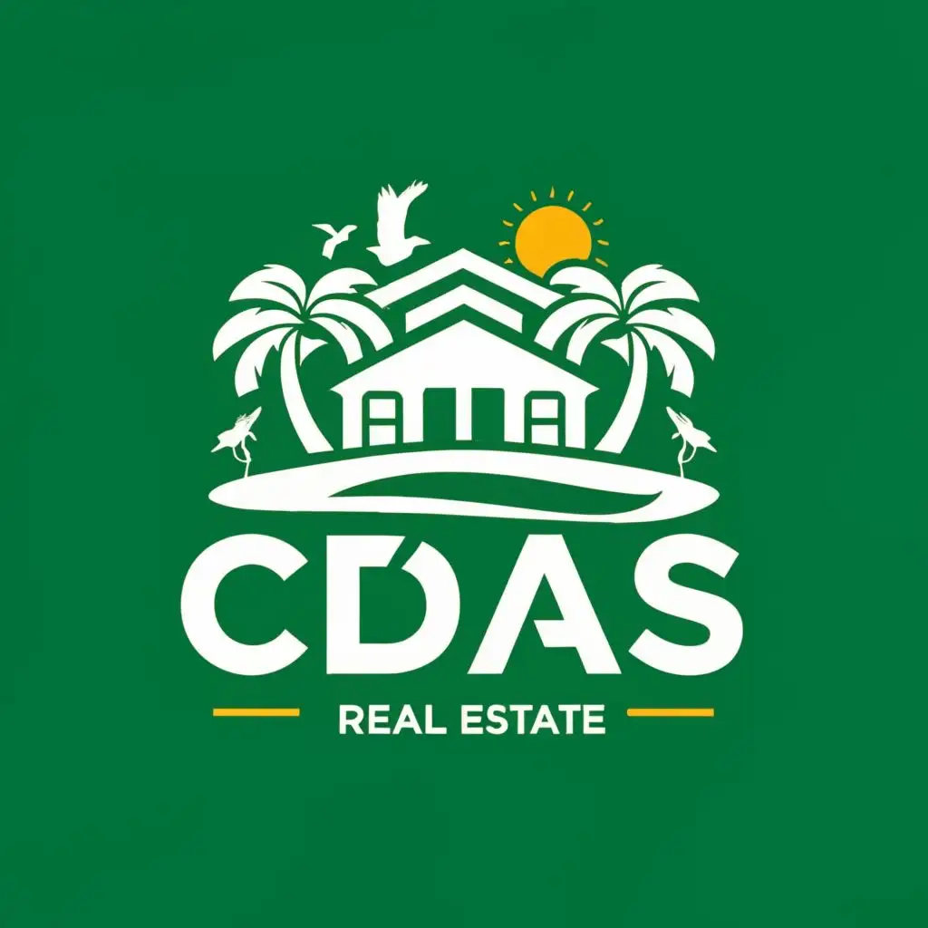 logo, white house with pool, palm tree bird, sun and beach in green background, with the text "CDAS", typography, be used in Real Estate industry