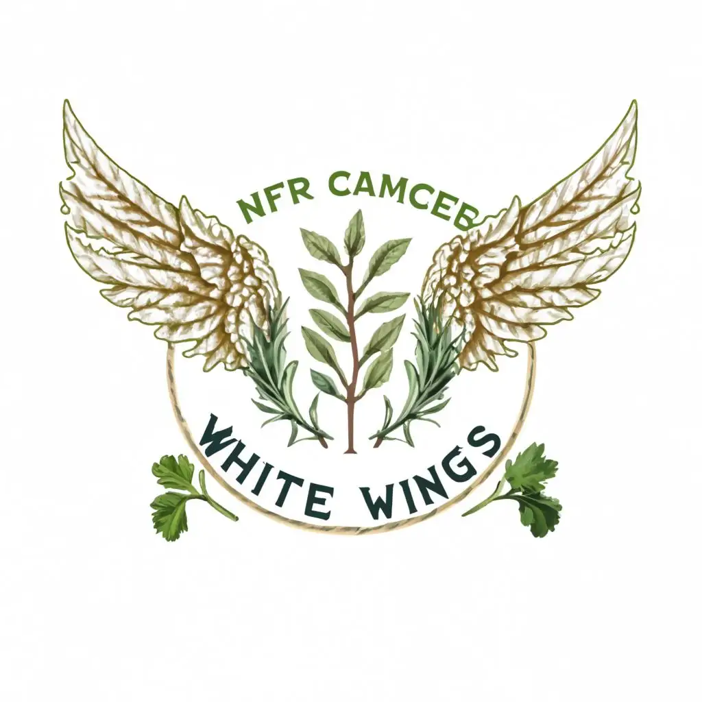 logo, Herbs circle wings left and right center circle herbs and spices, with the text "White Wings", typography