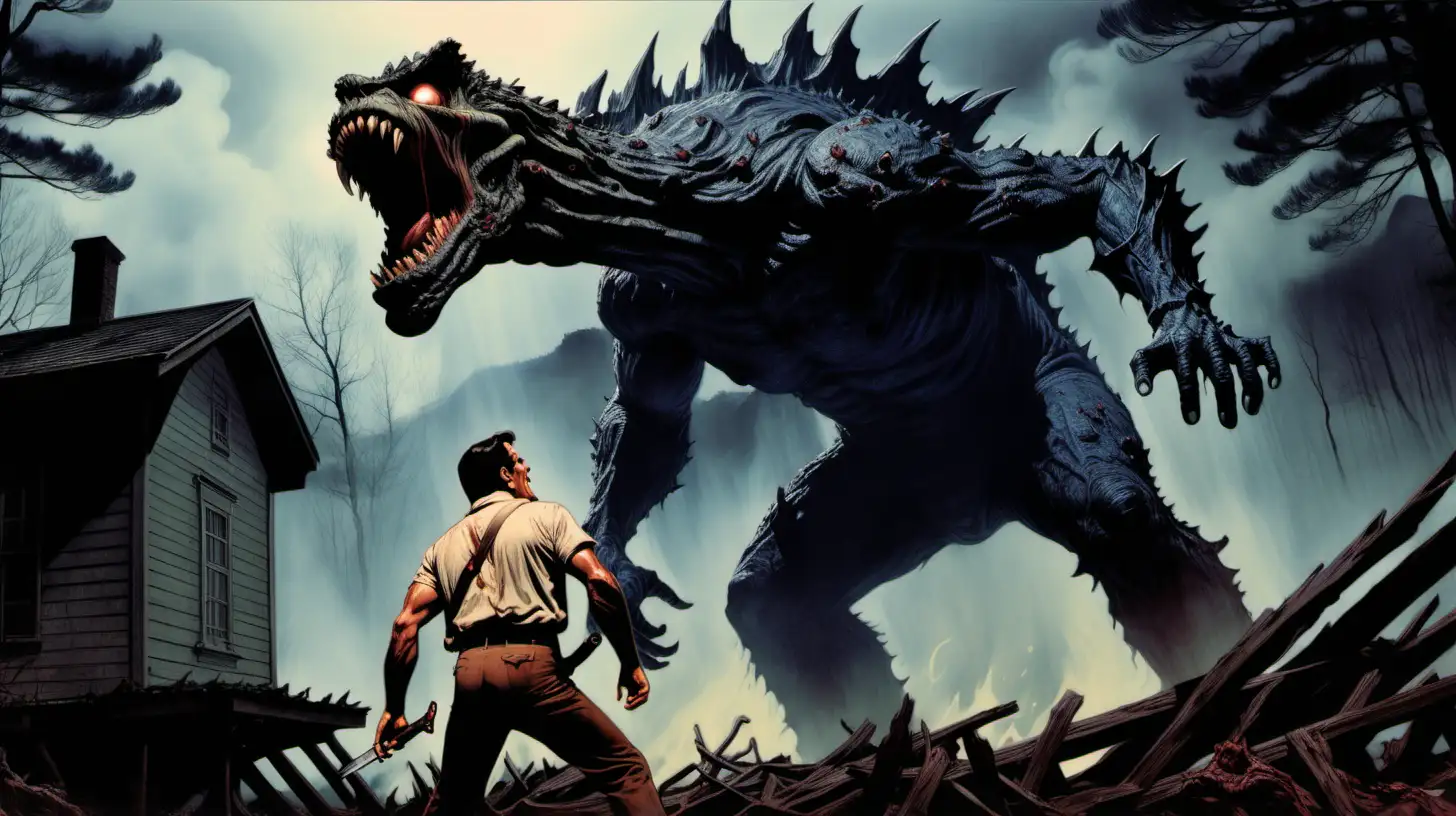 Ash Williams played by Bruce Campbell battling godzilla posessed by demons from the Necronomicon in the style of Frank Frazetta.  Background is outside the cabin from Evil Dead.