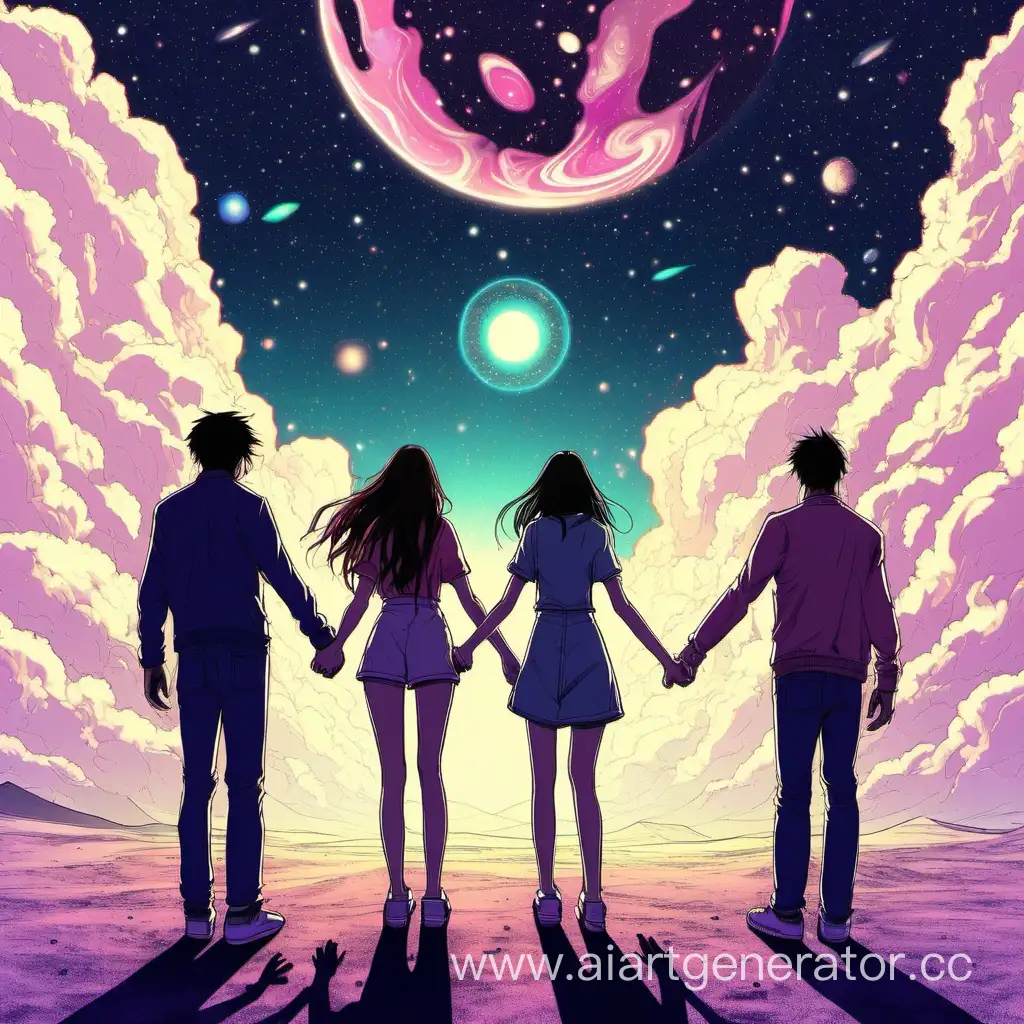 двое девушек с двумя парнями в другой вселенной держатся за руки