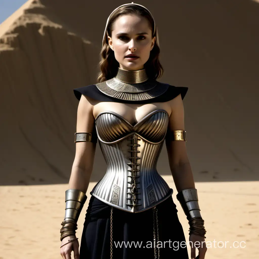 natalie portman wearing an {{extreme}} {{hourglass}} figure steel corset, steel collar, ancient egyptian, full body shot