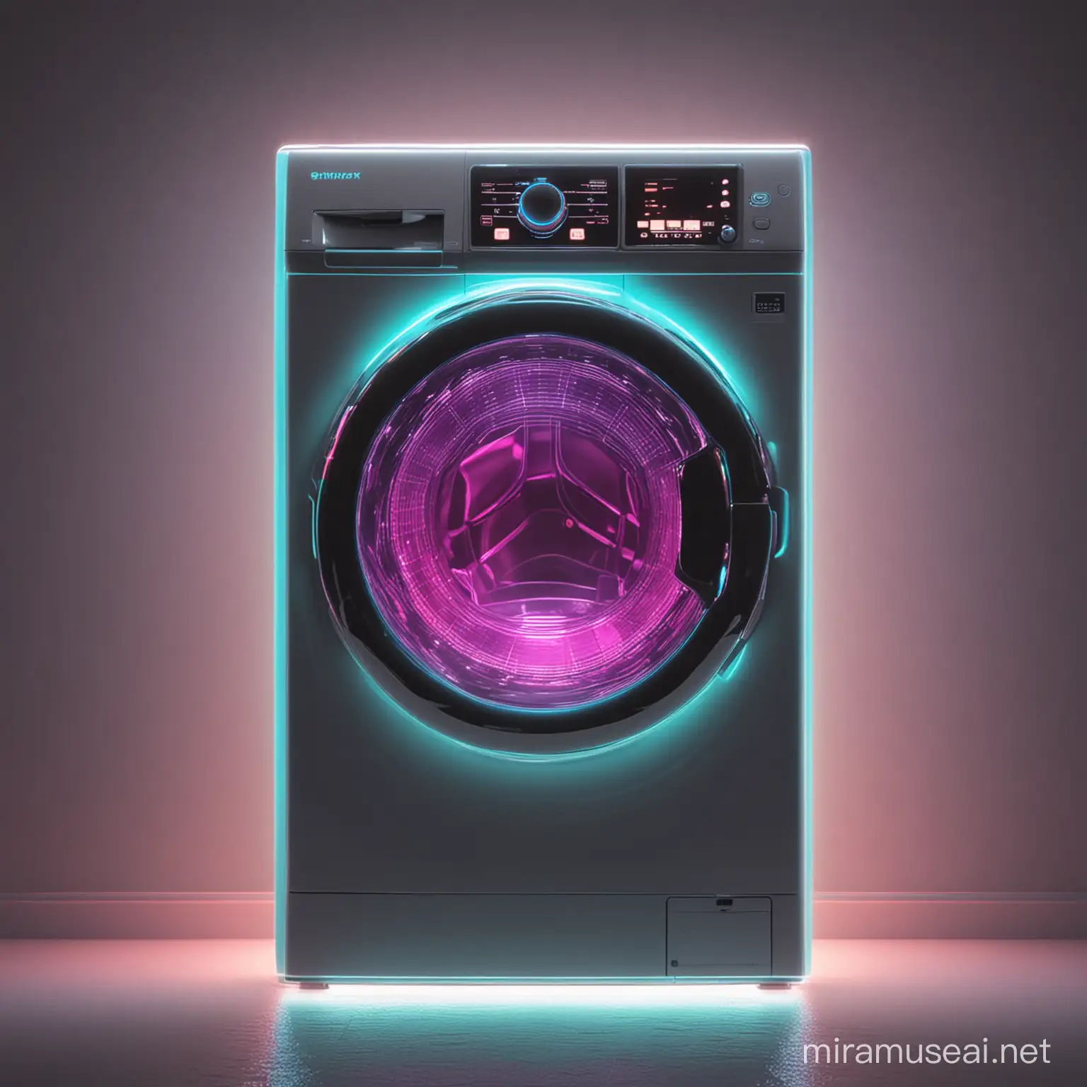 
futuristic neon full-length washing machine, illuminated from inside