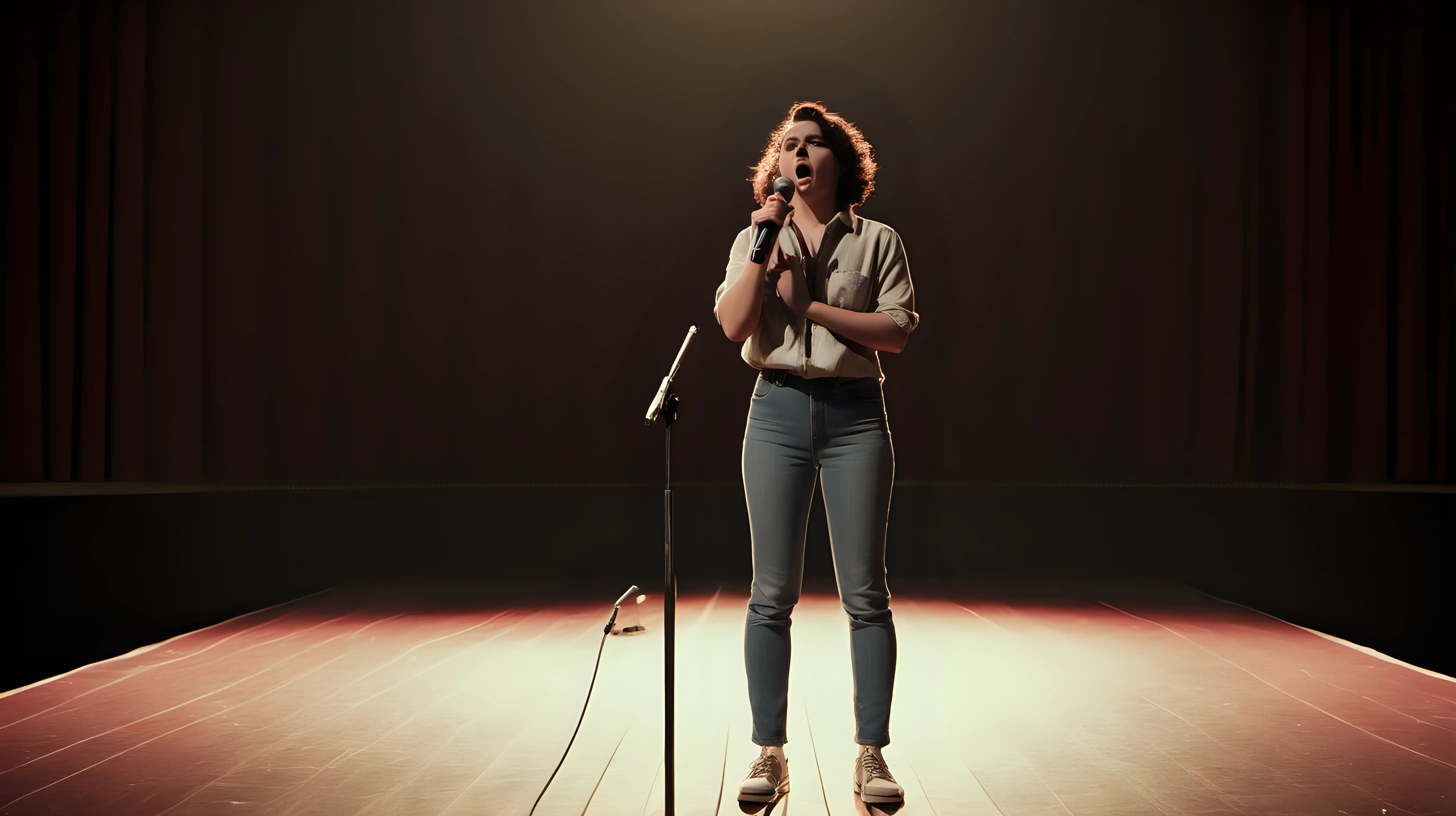 A performer stands on a deserted stage, gripping the microphone with determination, their powerful vocals echoing through the empty auditorium.
