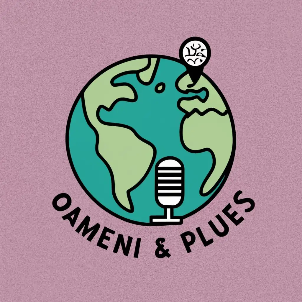 logo, planet earth, microphone, with the text "oameni și locuri podcast cu Mihaela Ghita", typography, be used in Education industry