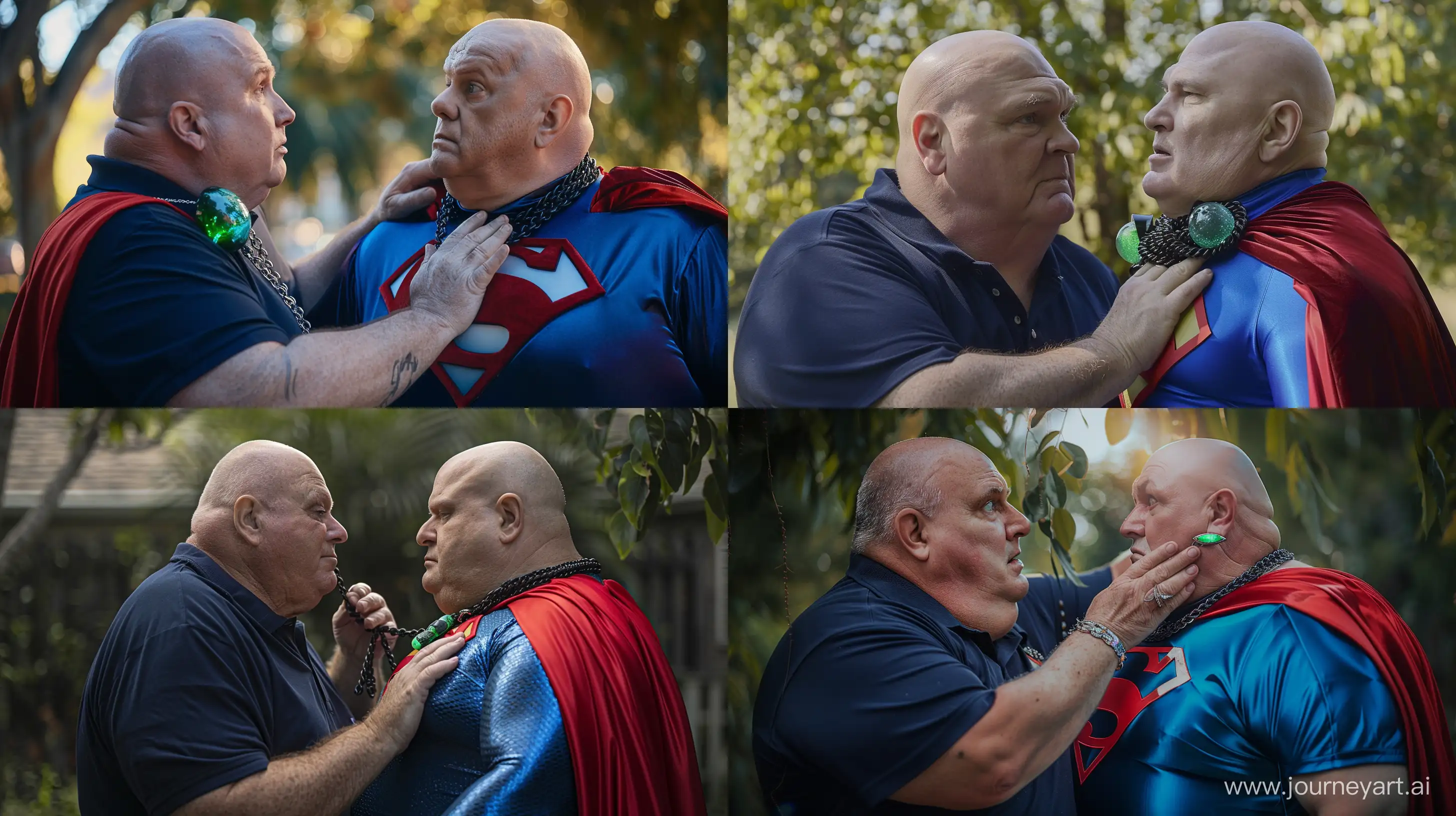 Close-up photo of fat man aged 60 wearing a silk navy polo shirt placing his hand on the neck of a very fat man aged 60 wearing a tight silk blue superman costume with a red cape and a heavy black chain necklace with a green glowing stone. Outside. Bald --style raw --ar 16:9