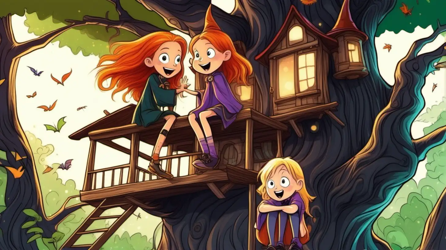 illustrate A 10-year-old A long red-haired witch and her 10 years old short blonde-haired witch friend are talking excitedly inside a magical tree house

