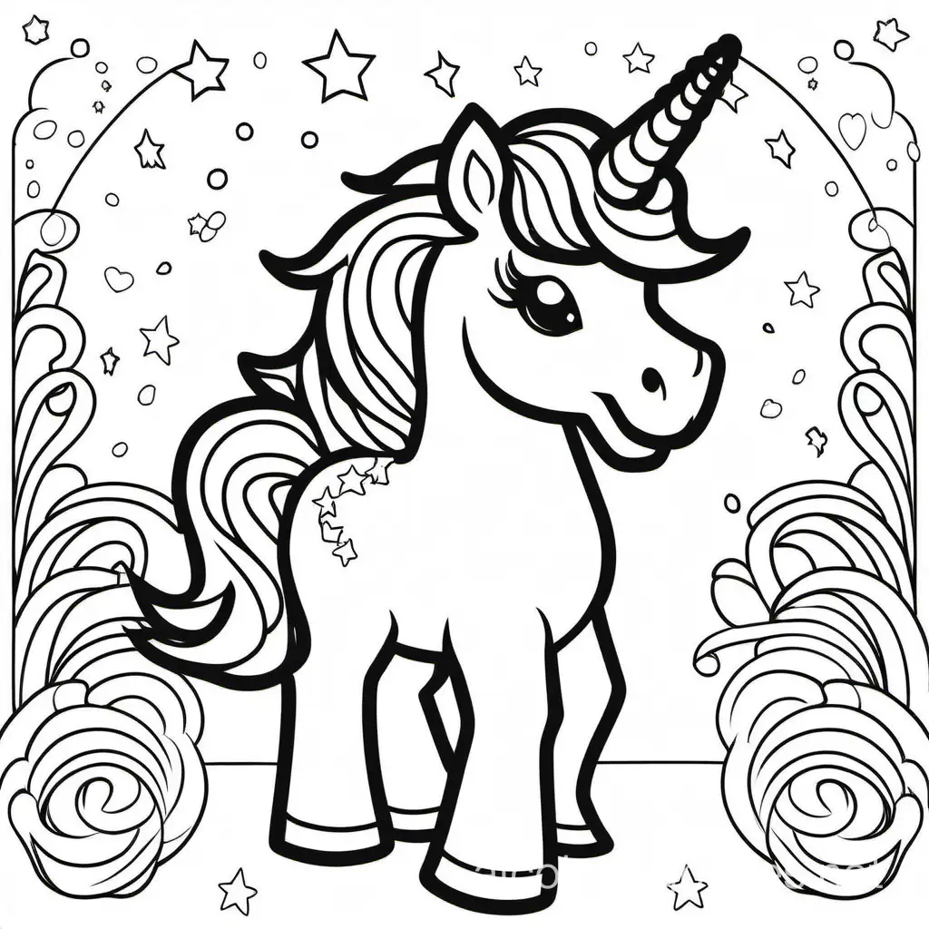 cartoon unicorn party, Coloring Page, black and white, line art, white background, Simplicity, Ample White Space. The background of the coloring page is plain white to make it easy for young children to color within the lines. The outlines of all the subjects are easy to distinguish, making it simple for kids to color without too much difficulty