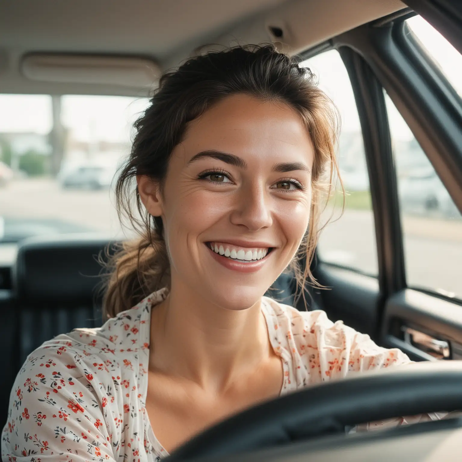 Smiling Woman Driving Car on Sunny Day