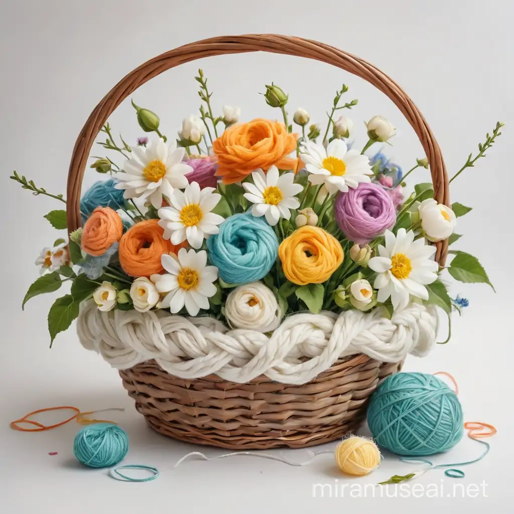 Colorful Yarn Basket with Floral Accents on White Background Watercolor Illustration