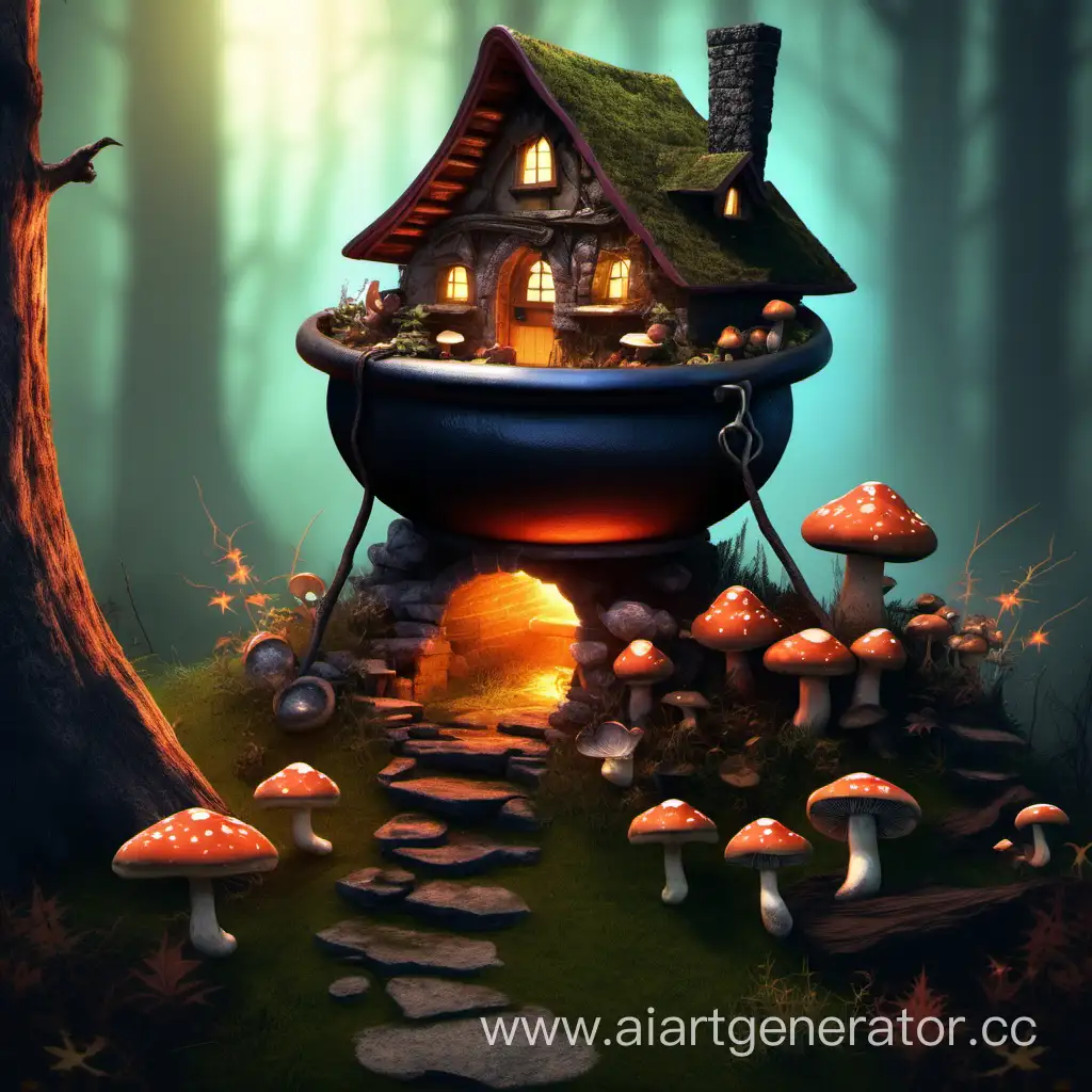 Дом ведьмы, котел, грибы
