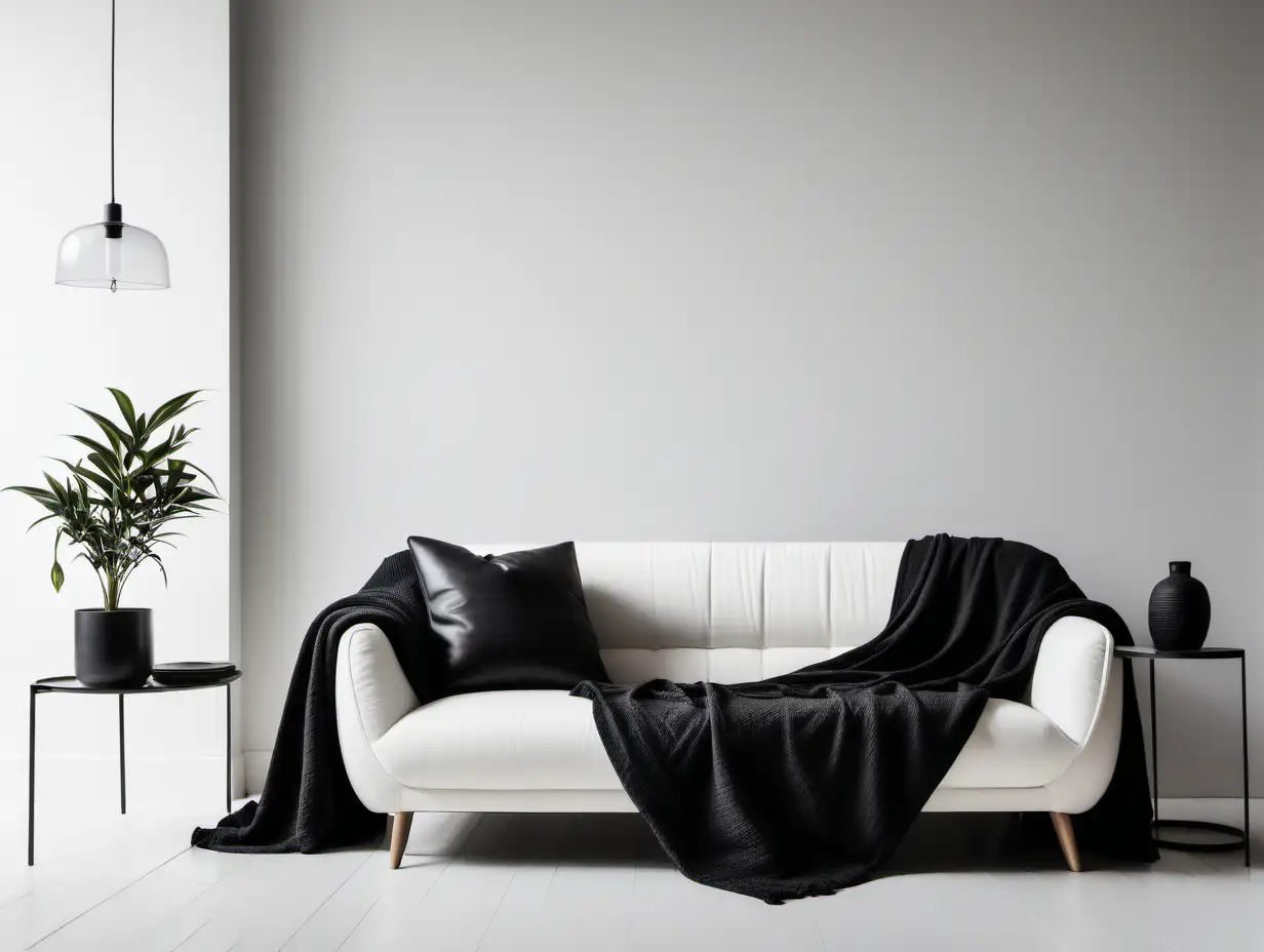 Commercial Photography, modern minimalist living room interior with white sofa, black blanket