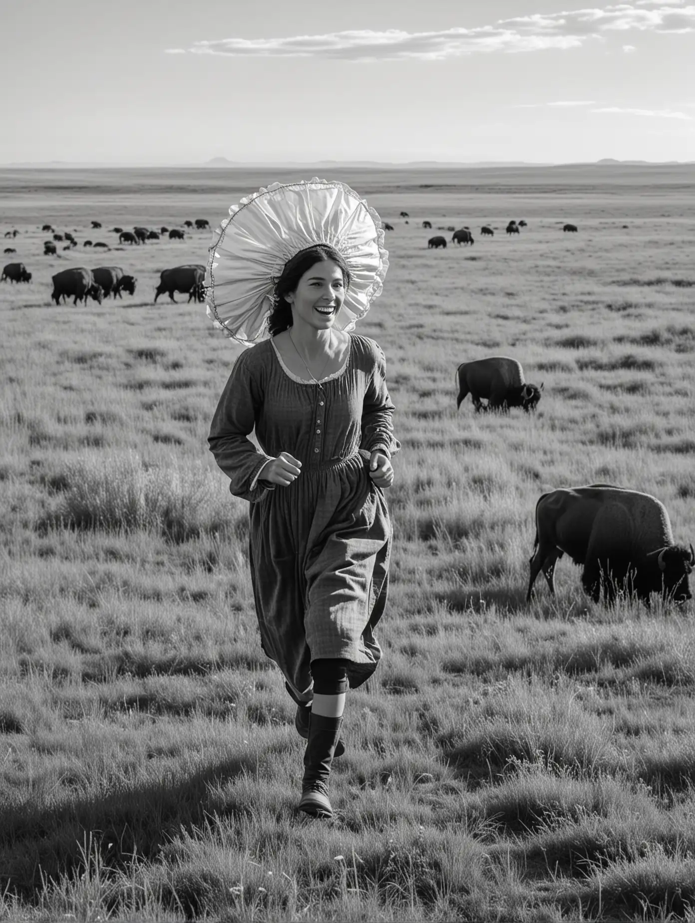 Pioneer Woman Running Through Prairie Landscape with Buffalo in Black and White