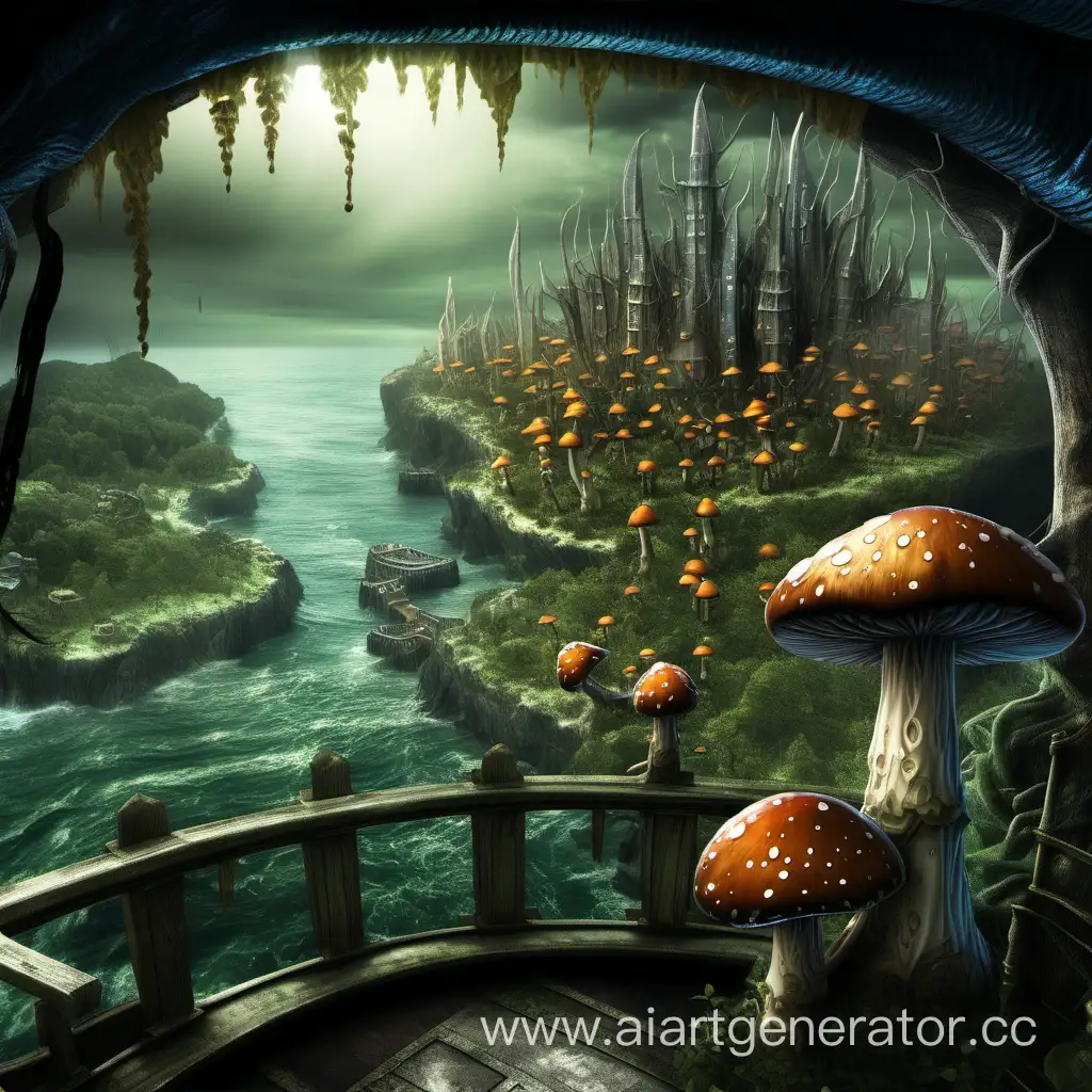 dreary elvish fairy forest mushroom city fantasy sea view from the ship's deck