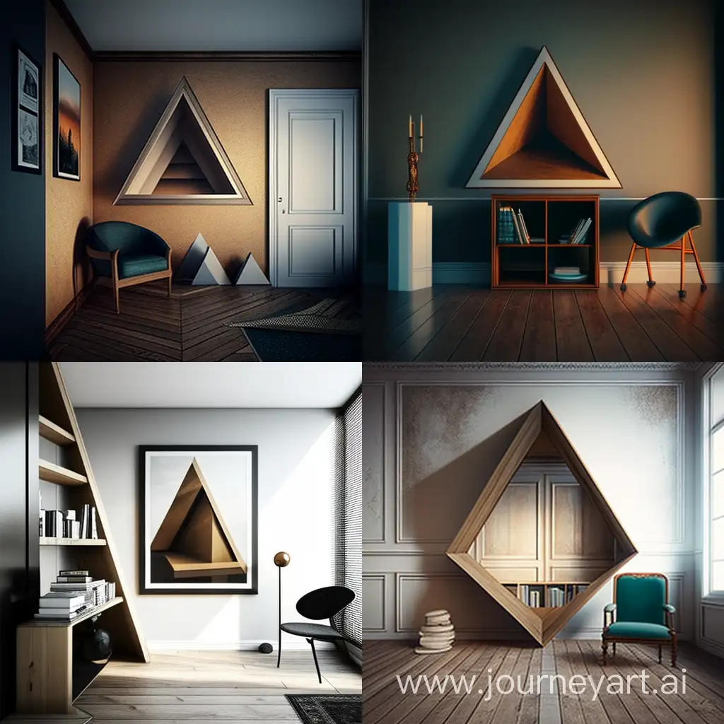 Create an image where there is a triangular wooden stand fixed in a corner of the sitting room where the two walls meet, the stand being horizontal and raised from the floor.
