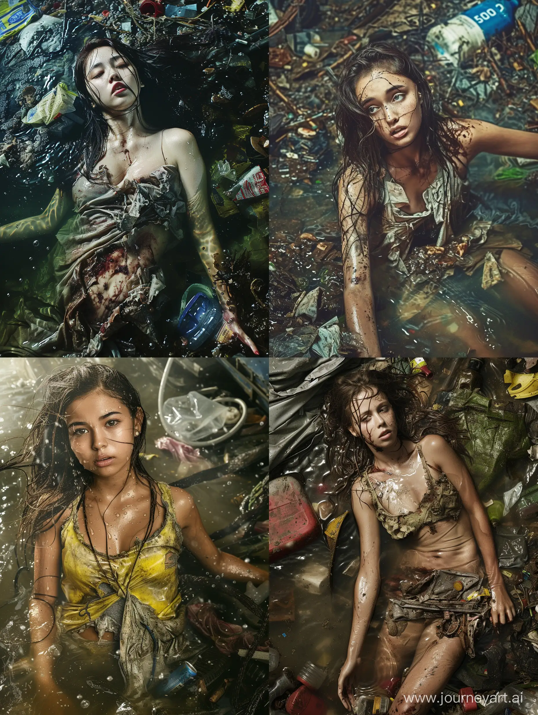 a cover photography, body and face photo, a beautiful young woman covered in water and liquid, clothes old and ragged, half buried on trash and garbage, hyper realistic, model photography, 500px poses, detailed, intricate