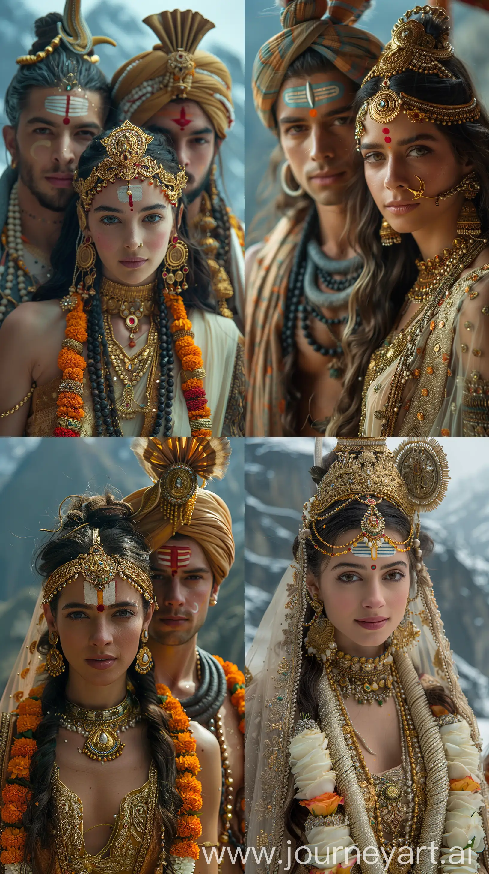mj1 Divine spiritual marriage of Hindu deities Lord Shiva and Parvati celebrating Shivratri, grand cosmic event with celestial ambience, IMAX-worthy spectacle inspired by Christopher Nolan's signature epic scale, adorned with traditional gold ornaments, intricate headdresses, amidst Himalayas --ar 9:16 --s 700 --v 6