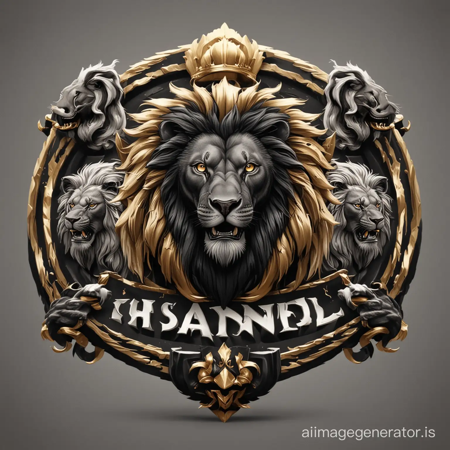 Логотип для канала в середине черный лев по бокам белый и золотой львы. Грива, рык, сила, мощь, власть, векторная графика, иллюстрация, 4K, детализация