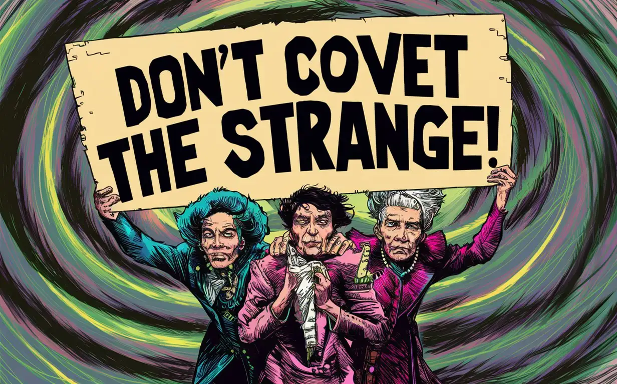 illustration in the style of Jozan Gonzalez and Bill Sienkiewicz, depicting Three people holding a sign with the inscription: "Don't covet the strange!"