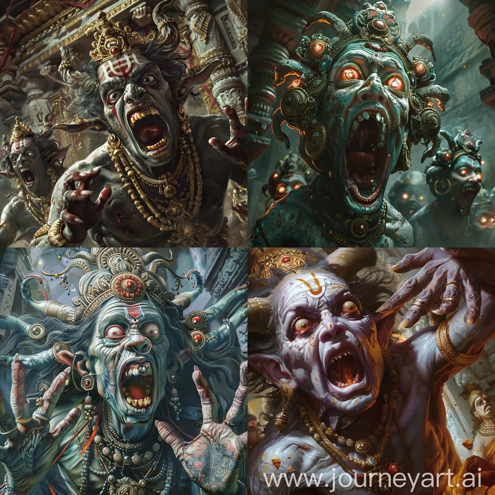 Realistic digital paintings depicting demons from Hindu mythology living in the underworld, terrified look on their faces, intricate details, UHD--style raw  stylize 750 --v 6