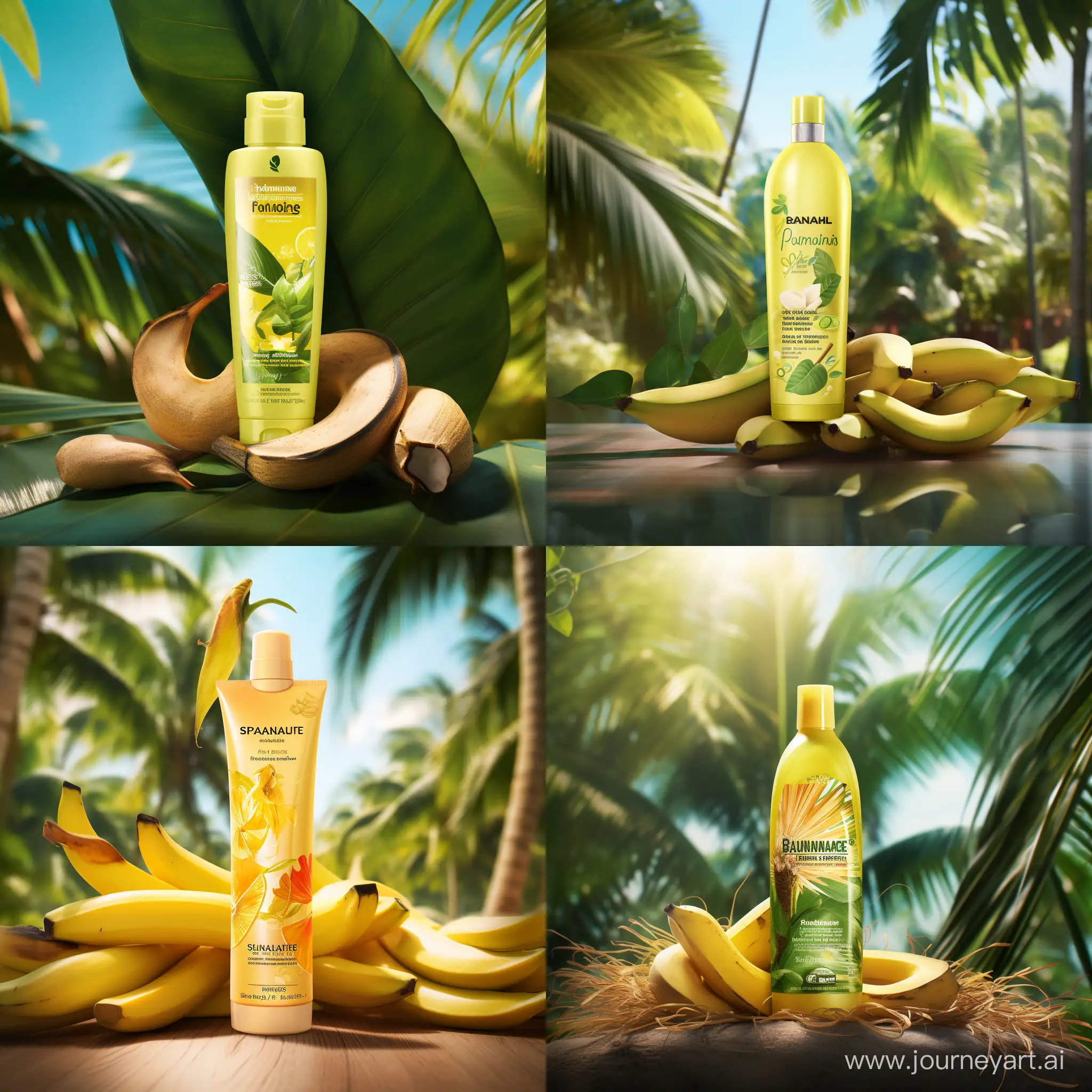 шампунь со вкусом банана и на заднем фоне бананы с пальмами и листья