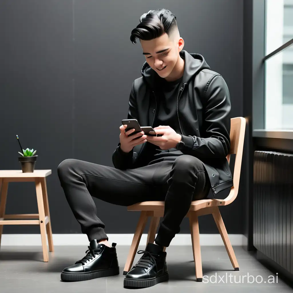 image of a guy wearing black jacket with black shirt wearing a black rubber shoes seated on a chair playing with his smartphone
