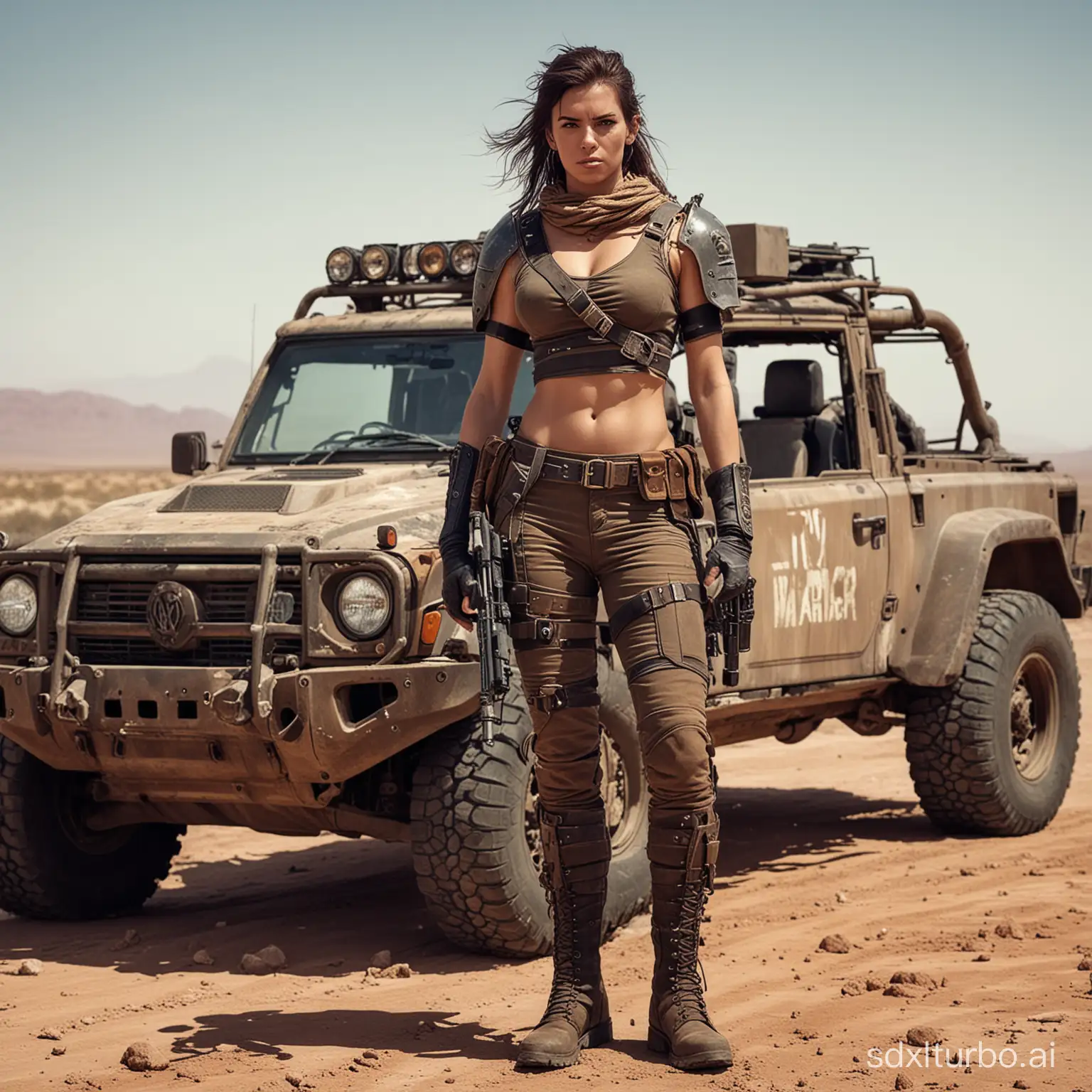 Wasteland-style female warrior, in the desert, behind stopped an off-road vehicle, cool, badass