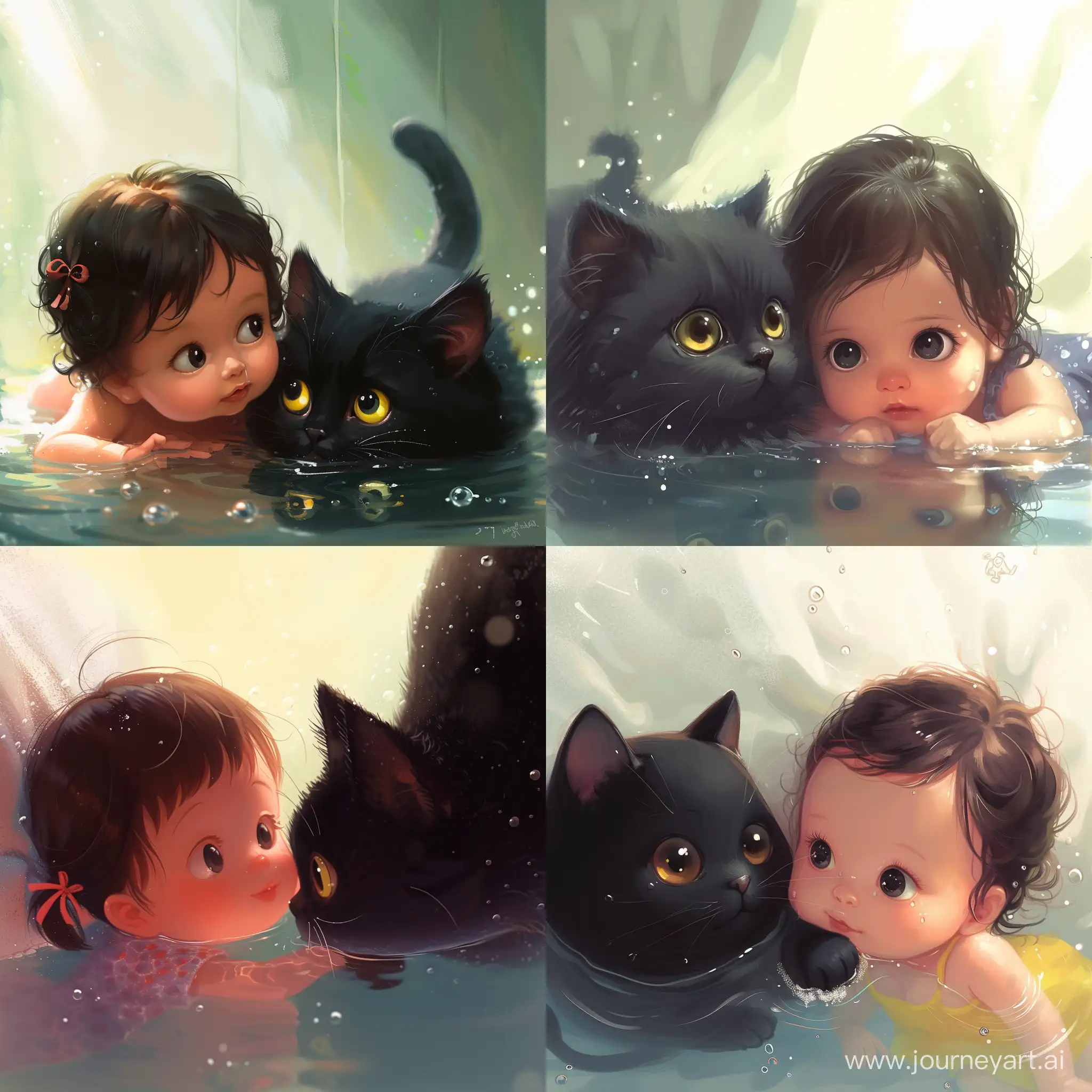 A baby girl in water is seen laying next to a black cat, in the style of charming anime characters, 32k uhd, dao trong le, cute and colorful, fernando amorsolo, Chibi Kawaii, childlike, anime v3 , 3d