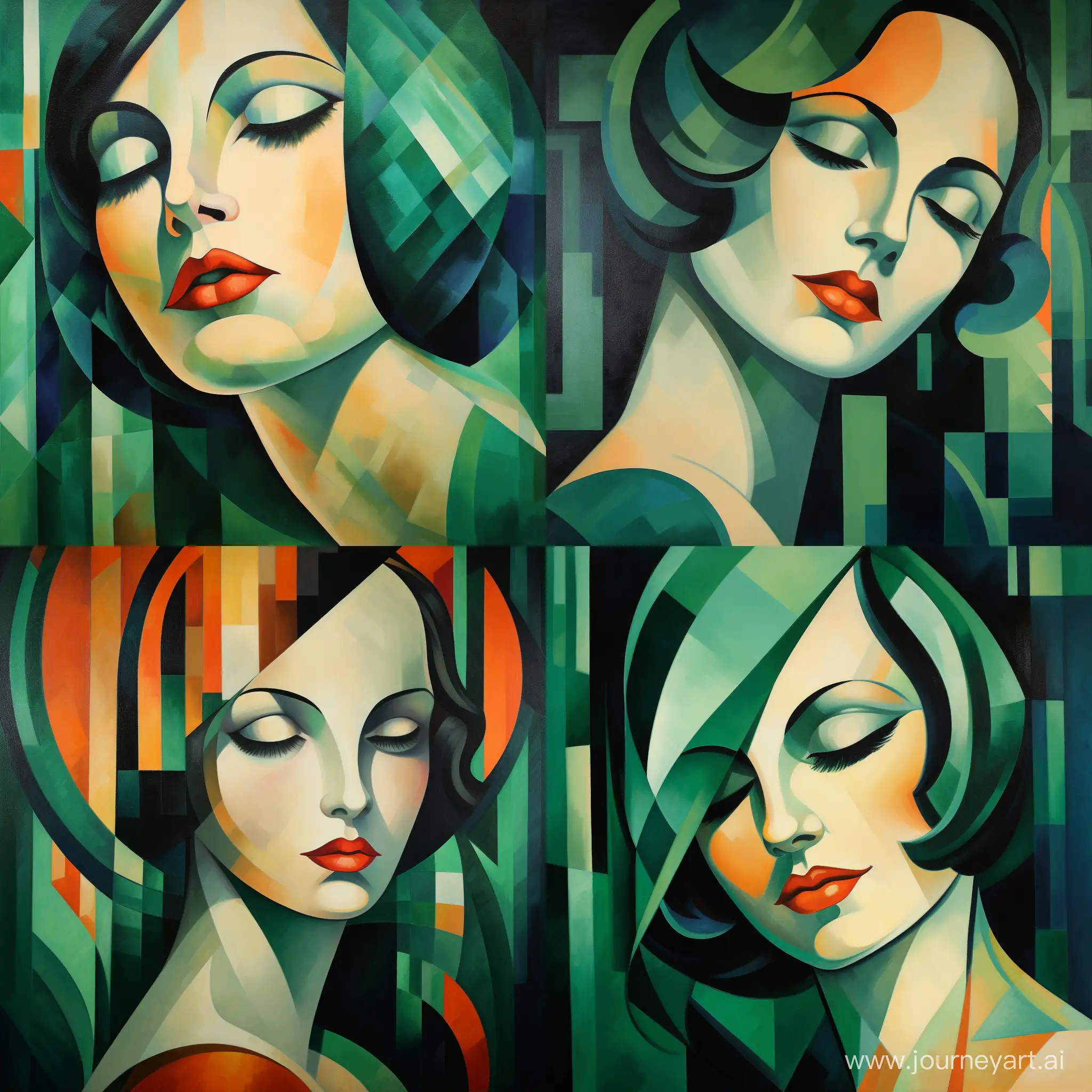 a painting of a woman's face with a green background, an art deco painting by Tamara de Lempicka, behance contest winner, art deco, art deco, cubism, fauvism