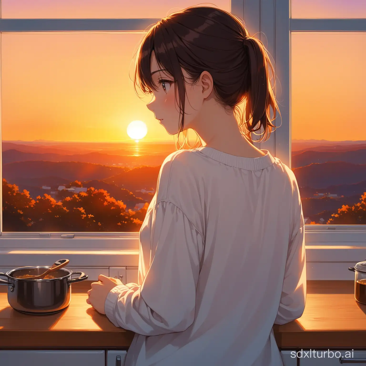 teen waiting in the kitchen with nothing but a white seethrought blouse looking outside the window in a beautiful sunset, a warm cozy feeling