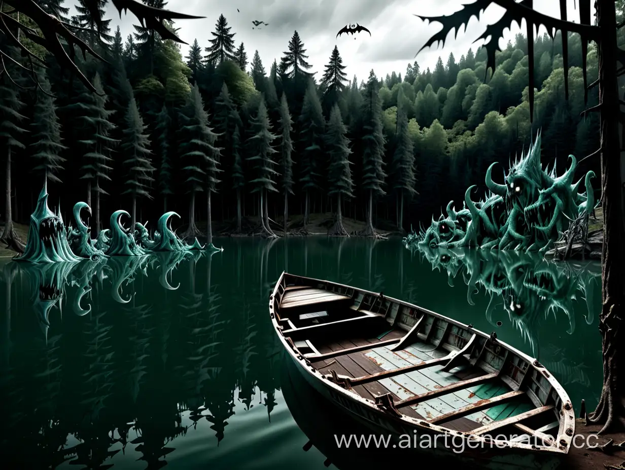 Eerie-Lake-Scene-with-Abandoned-Boat-and-Surrounding-Monsters