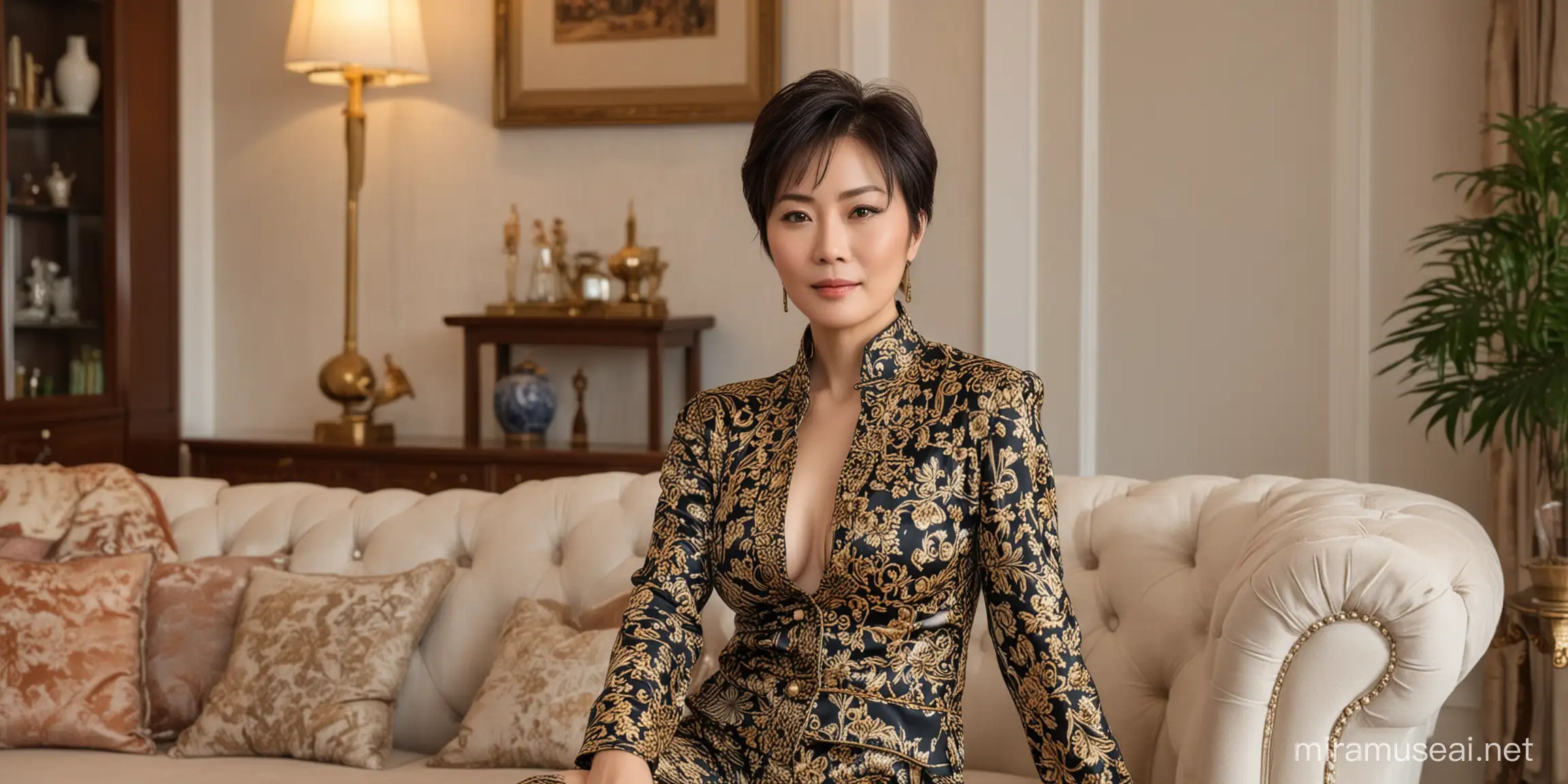 46岁中国美女，短发，穿着名牌的衣服，像林青霞，在客厅，客厅装修豪华。
