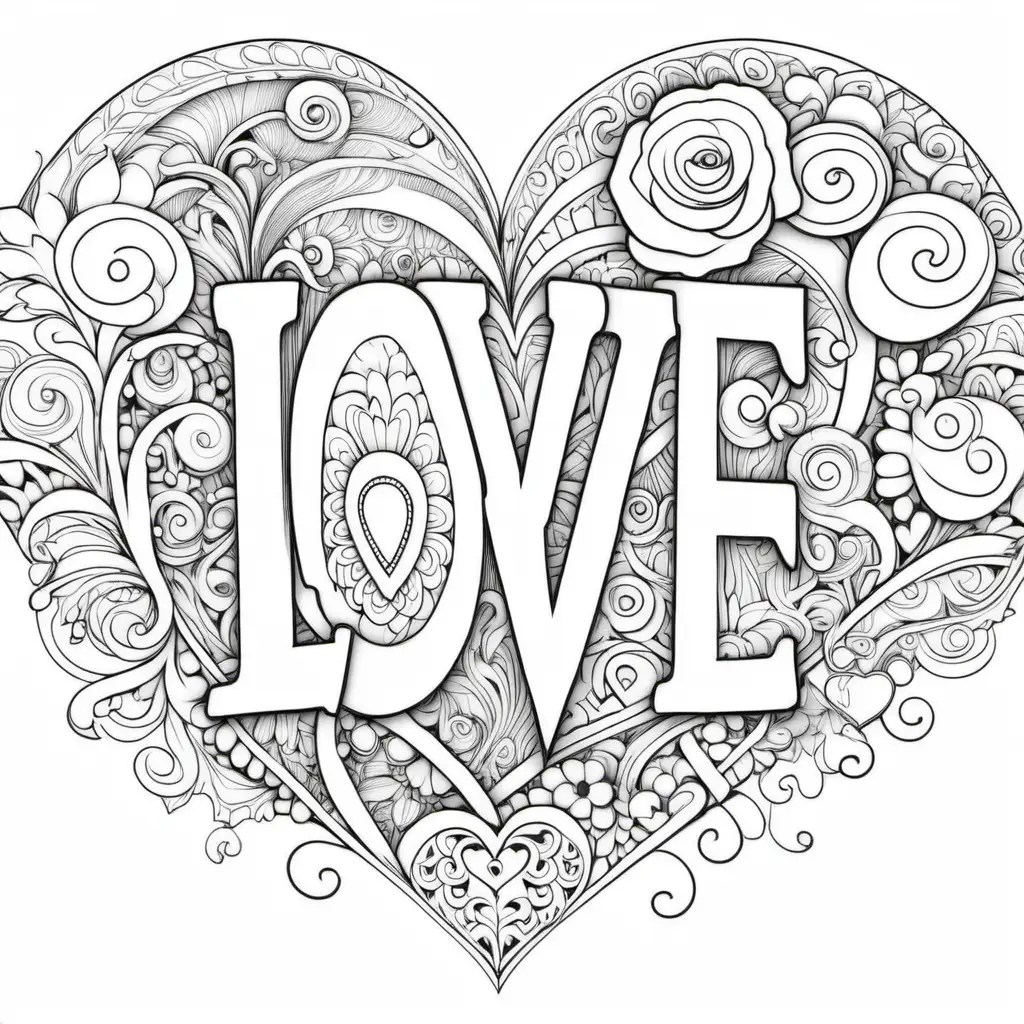 Create a coloring page of love all white backround black outline