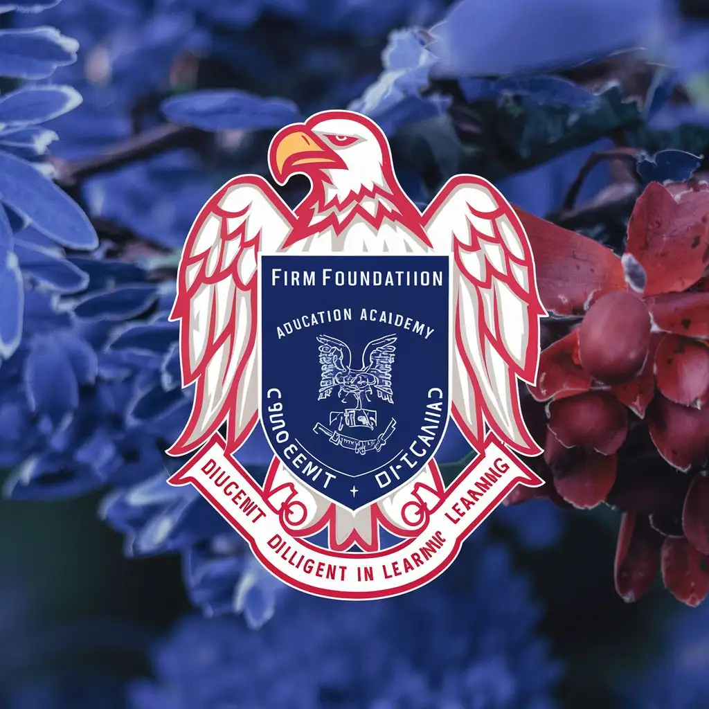 logo, The school's badge in royal blue and red is made to resemble a family crest, with an eagle holding a scroll in the background., with the text "Firm Foundation Academy
Diligent in learning", typography, be used in Education industry