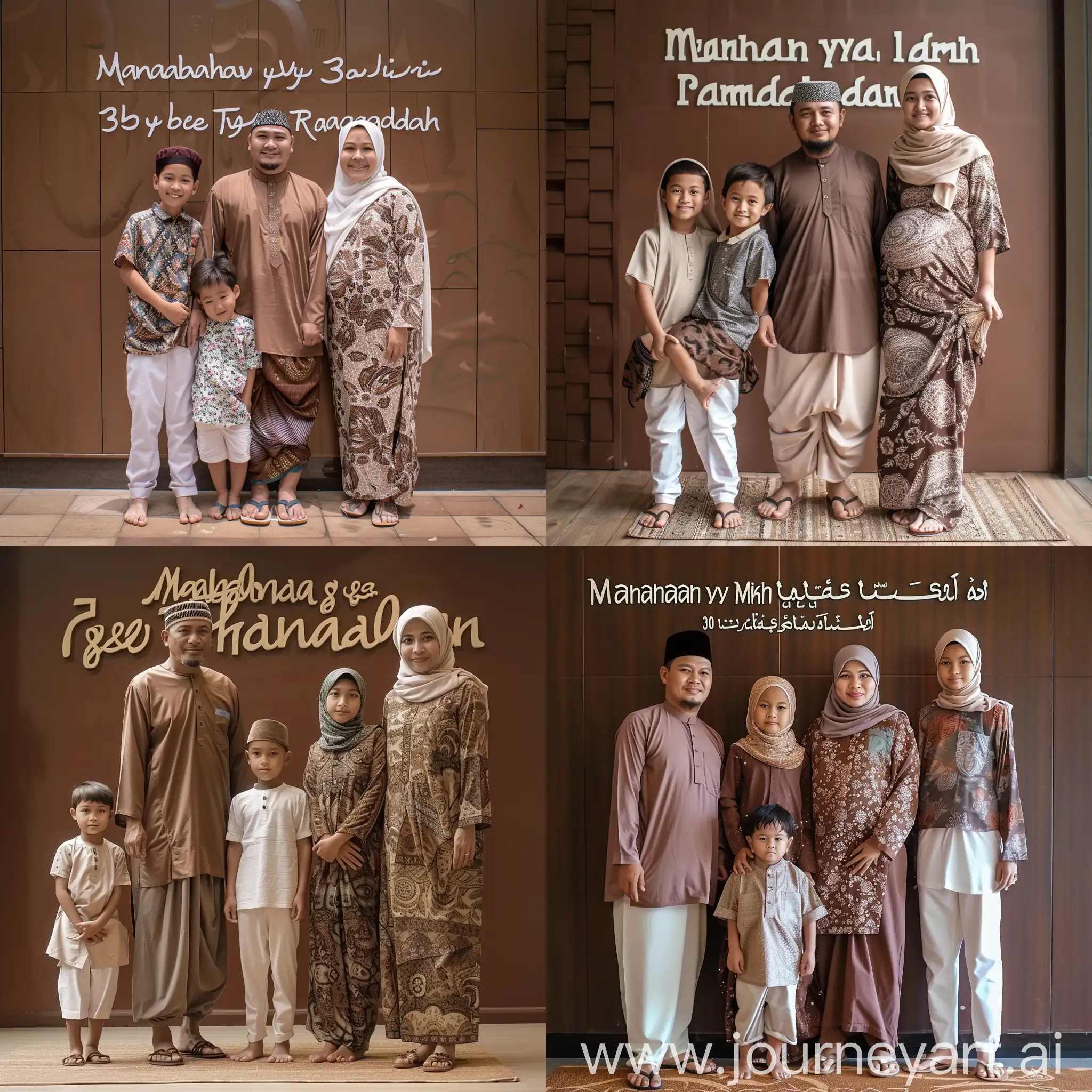 photo of an Indonesian Muslim family of four  35 year old Indonesian Muslim man wearing a skullcap wearing a koko sarong wearing sandals  33 year old Indonesian woman wearing hijab and sandals  8 year old Indonesian man wearing white koko trousers and sandals  11 year old woman wearing hijab and sandals  the background on the brown wall is written in 3D "Marhaban yaa Ramadhan, Sorry to be born 