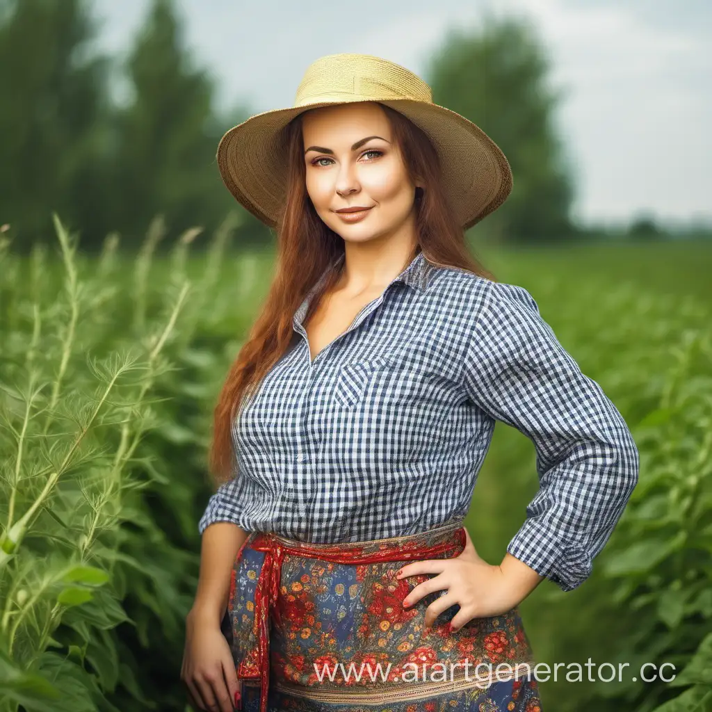 Женщина  русская в одежде колхозницы с красивыми формами 35 лет 