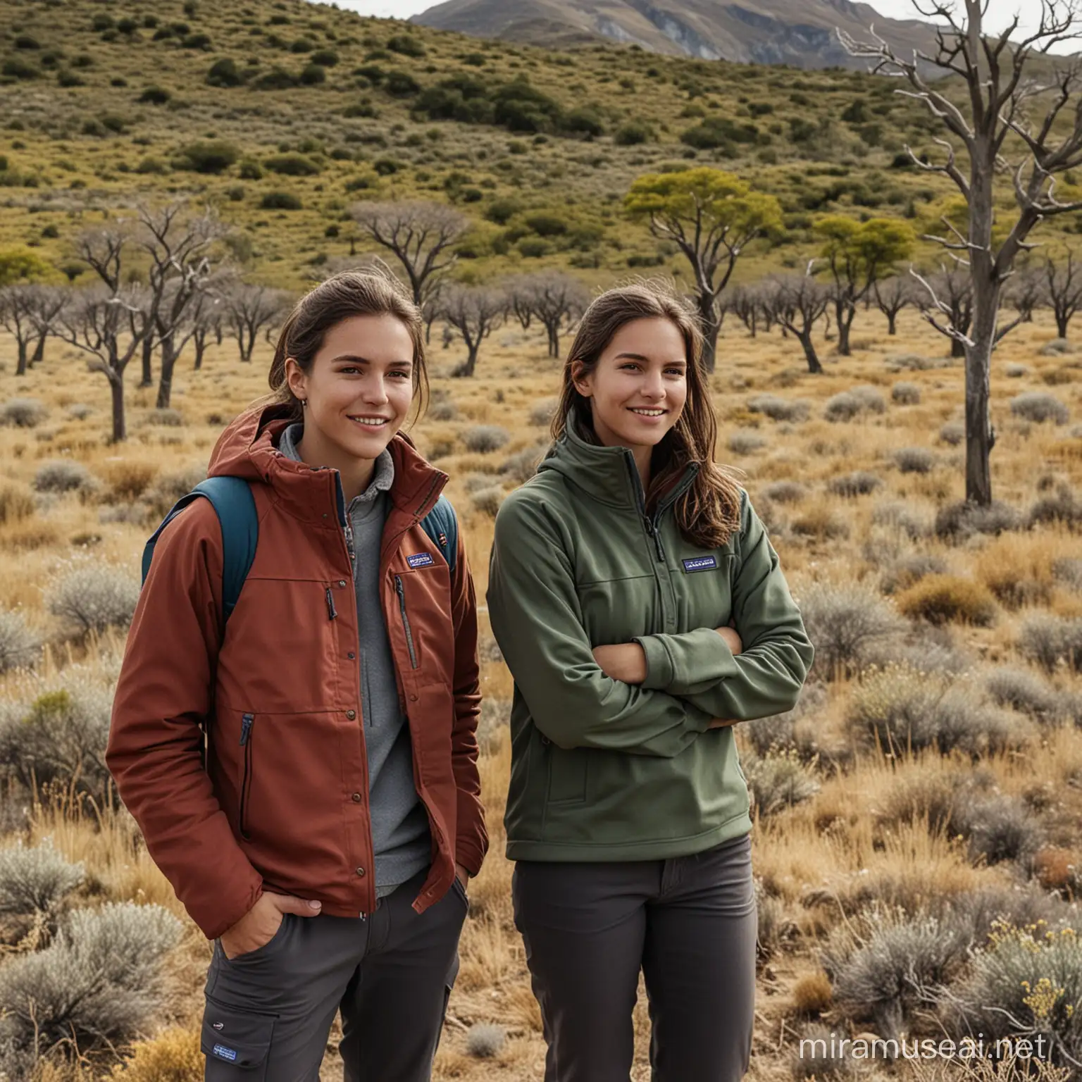Patagonia clothing worn by younger man and women in nature with lots of trees and open land promoting safe environment
