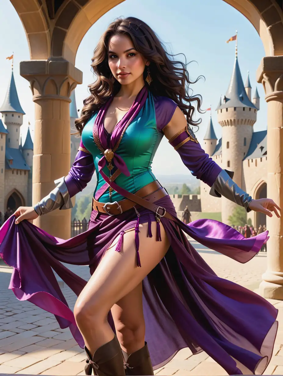 Latino dommmie mommies with dark wavy hair,  a rogue and and a a fighter, she wears ren faire silken dancing scarves to hide her many  subtle weapons as she boldly dances at the castle gates 