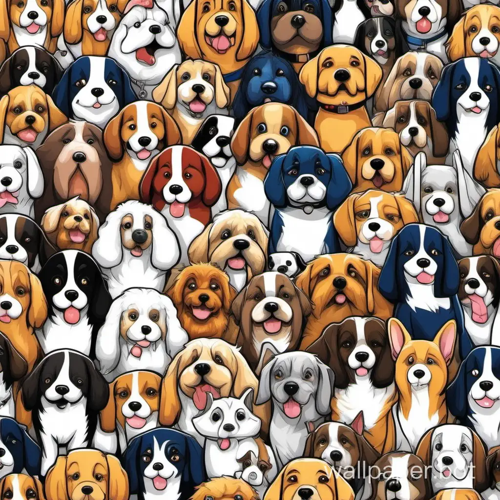 Pattern of different dogs bunched up together to make a pattern, in cartoon drawn style