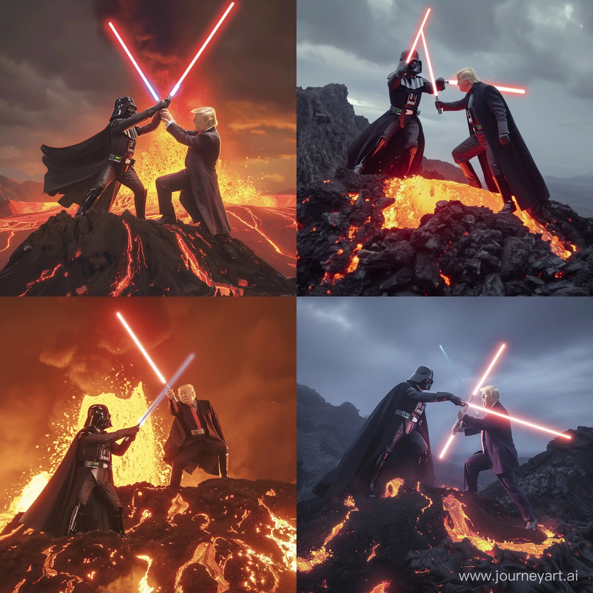 Darth Vader and Donald Trump duel with lightsabers on top of a volcano