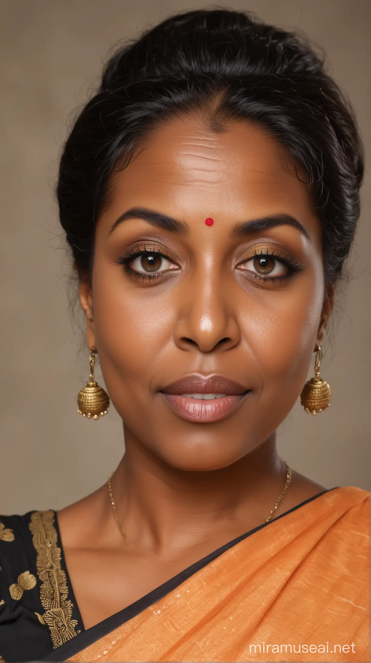 A 66 year old fat black woman with big eyes, straight nose, small lips, Sharp chin and long straight black hair with a bun at back wearing a saree 